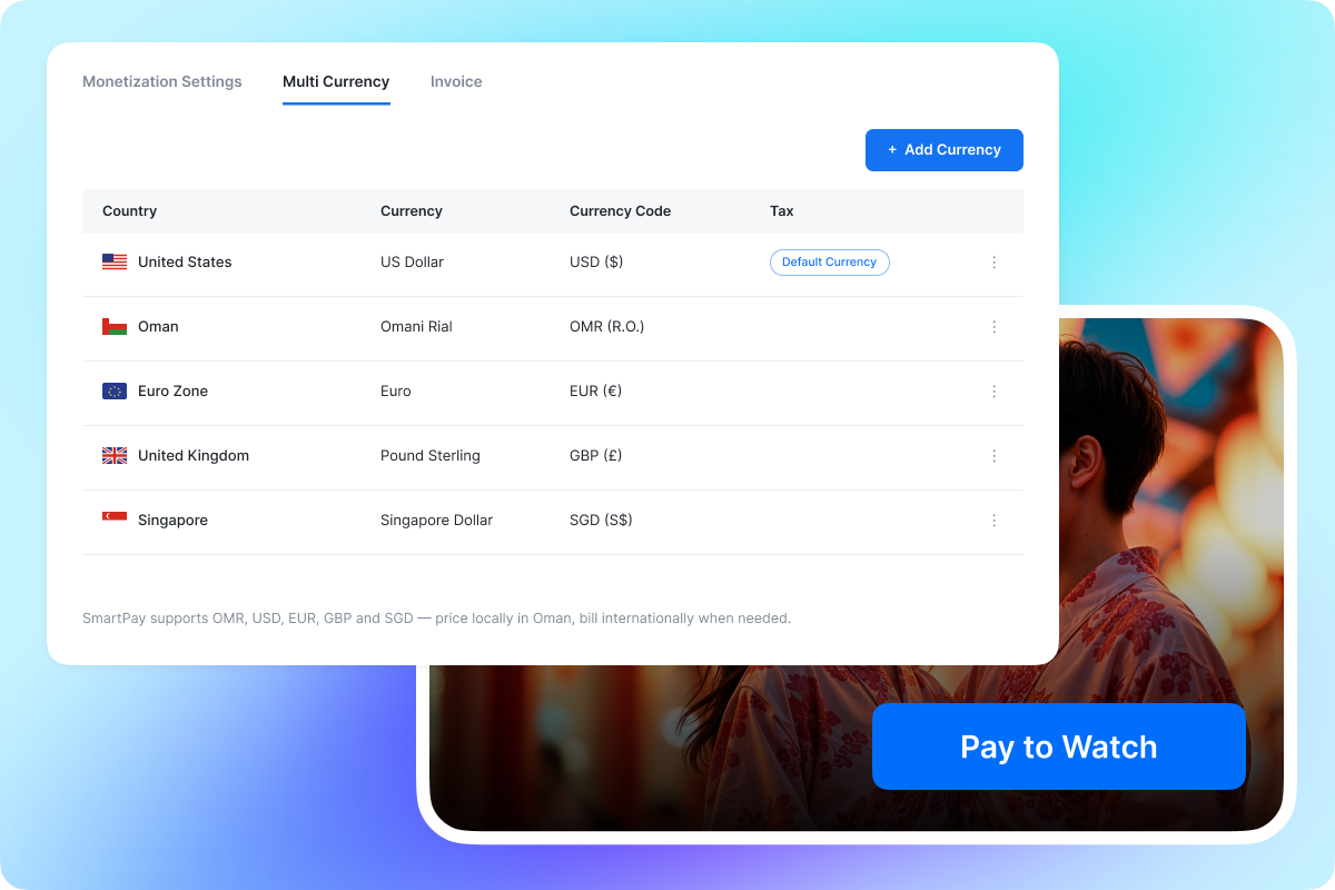 Accept Payments in OMR, USD, EUR, GBP and More_ OMR USD EUR GBP SGD currency support on SmartPay Muvi One