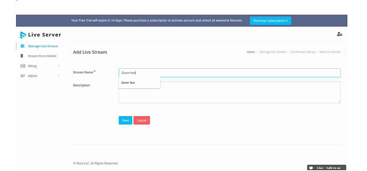 Add Live Stream in Muvi Live Server